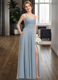 Rebecca A-Line V-neck Floor-Length Chiffon Bridesmaid Dress With Ruffle Pockets UKP0012834