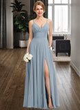 Rebecca A-Line V-neck Floor-Length Chiffon Bridesmaid Dress With Ruffle Pockets UKP0012834