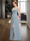 Rebecca A-Line V-neck Floor-Length Chiffon Bridesmaid Dress With Ruffle Pockets UKP0012834