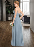 Rebecca A-Line V-neck Floor-Length Chiffon Bridesmaid Dress With Ruffle Pockets UKP0012834