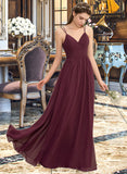 Josie A-line V-Neck Floor-Length Chiffon Lace Bridesmaid Dress With Ruffle UKP0012839