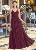 Josie A-line V-Neck Floor-Length Chiffon Lace Bridesmaid Dress With Ruffle UKP0012839