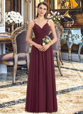 Josie A-line V-Neck Floor-Length Chiffon Lace Bridesmaid Dress With Ruffle UKP0012839