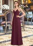 Josie A-line V-Neck Floor-Length Chiffon Lace Bridesmaid Dress With Ruffle UKP0012839