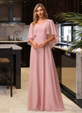 Silvia A-Line V-neck Floor-Length Bridesmaid Dress With Lace UKP0012842