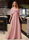 Silvia A-Line V-neck Floor-Length Bridesmaid Dress With Lace UKP0012842