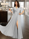 Hedwig A-Line V-neck Floor-Length Bridesmaid Dress With Ruffle Split Front UKP0012844