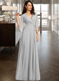 Hedwig A-Line V-neck Floor-Length Bridesmaid Dress With Ruffle Split Front UKP0012844