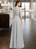 Hedwig A-Line V-neck Floor-Length Bridesmaid Dress With Ruffle Split Front UKP0012844