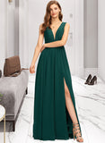 Kaley A-Line V-neck Floor-Length Chiffon Bridesmaid Dress With Split Front UKP0012847