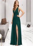 Kaley A-Line V-neck Floor-Length Chiffon Bridesmaid Dress With Split Front UKP0012847