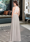 Yaritza A-Line Scoop Neck Floor-Length Chiffon Lace Bridesmaid Dress UKP0012848