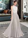 Yaritza A-Line Scoop Neck Floor-Length Chiffon Lace Bridesmaid Dress UKP0012848