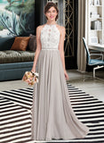 Yaritza A-Line Scoop Neck Floor-Length Chiffon Lace Bridesmaid Dress UKP0012848