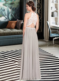 Yaritza A-Line Scoop Neck Floor-Length Chiffon Lace Bridesmaid Dress UKP0012848