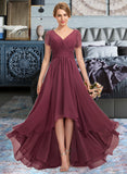 Jeanie A-Line V-neck Asymmetrical Chiffon Lace Bridesmaid Dress With Ruffle UKP0012850