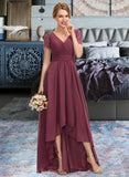 Jeanie A-Line V-neck Asymmetrical Chiffon Lace Bridesmaid Dress With Ruffle UKP0012850