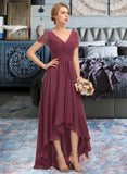 Jeanie A-Line V-neck Asymmetrical Chiffon Lace Bridesmaid Dress With Ruffle UKP0012850