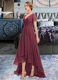 Jeanie A-Line V-neck Asymmetrical Chiffon Lace Bridesmaid Dress With Ruffle UKP0012850