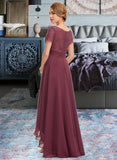 Jeanie A-Line V-neck Asymmetrical Chiffon Lace Bridesmaid Dress With Ruffle UKP0012850