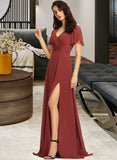 LuLu A-Line V-neck Floor-Length Bridesmaid Dress With Split Front UKP0012856