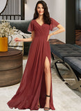 LuLu A-Line V-neck Floor-Length Bridesmaid Dress With Split Front UKP0012856