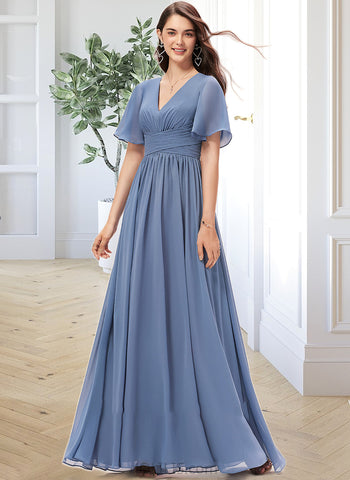 Emilia A-line V-Neck Floor-Length Chiffon Bridesmaid Dress With Ruffle UKP0012857