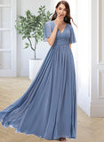 Emilia A-line V-Neck Floor-Length Chiffon Bridesmaid Dress With Ruffle UKP0012857