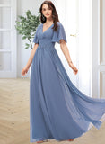 Emilia A-line V-Neck Floor-Length Chiffon Bridesmaid Dress With Ruffle UKP0012857