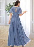 Emilia A-line V-Neck Floor-Length Chiffon Bridesmaid Dress With Ruffle UKP0012857