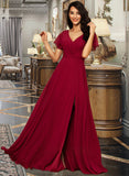 Nora A-line V-Neck Floor-Length Chiffon Bridesmaid Dress UKP0012858