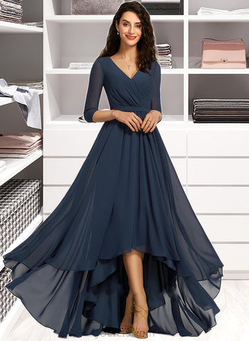 Elaina A-Line V-neck Asymmetrical Bridesmaid Dress With Pleated UKP0012859