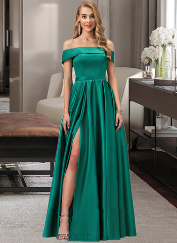 Mylee Ball-Gown/Princess Off-the-Shoulder Floor-Length Satin Bridesmaid Dress With Split Front Pockets UKP0012866