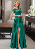 Mylee Ball-Gown/Princess Off-the-Shoulder Floor-Length Satin Bridesmaid Dress With Split Front Pockets UKP0012866