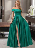 Mylee Ball-Gown/Princess Off-the-Shoulder Floor-Length Satin Bridesmaid Dress With Split Front Pockets UKP0012866