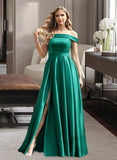 Mylee Ball-Gown/Princess Off-the-Shoulder Floor-Length Satin Bridesmaid Dress With Split Front Pockets UKP0012866