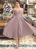 Vivienne A-Line Off-the-Shoulder Tea-Length Chiffon Lace Bridesmaid Dress With Beading Sequins UKP0012867