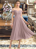 Vivienne A-Line Off-the-Shoulder Tea-Length Chiffon Lace Bridesmaid Dress With Beading Sequins UKP0012867