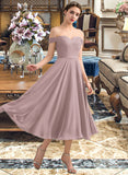 Vivienne A-Line Off-the-Shoulder Tea-Length Chiffon Lace Bridesmaid Dress With Beading Sequins UKP0012867