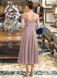 Vivienne A-Line Off-the-Shoulder Tea-Length Chiffon Lace Bridesmaid Dress With Beading Sequins UKP0012867