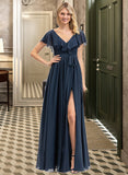 Sahna A-Line V-neck Floor-Length Chiffon Bridesmaid Dress With Bow(s) Split Front Cascading Ruffles UKP0012868