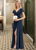 Sahna A-Line V-neck Floor-Length Chiffon Bridesmaid Dress With Bow(s) Split Front Cascading Ruffles UKP0012868