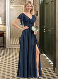 Sahna A-Line V-neck Floor-Length Chiffon Bridesmaid Dress With Bow(s) Split Front Cascading Ruffles UKP0012868