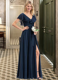 Sahna A-Line V-neck Floor-Length Chiffon Bridesmaid Dress With Bow(s) Split Front Cascading Ruffles UKP0012868