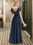 Sahna A-Line V-neck Floor-Length Chiffon Bridesmaid Dress With Bow(s) Split Front Cascading Ruffles UKP0012868