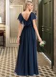 Sahna A-Line V-neck Floor-Length Chiffon Bridesmaid Dress With Bow(s) Split Front Cascading Ruffles UKP0012868