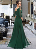 Melanie A-Line V-neck Floor-Length Bridesmaid Dress With Ruffle UKP0012870