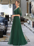 Melanie A-Line V-neck Floor-Length Bridesmaid Dress With Ruffle UKP0012870