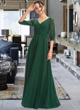 Melanie A-Line V-neck Floor-Length Bridesmaid Dress With Ruffle UKP0012870