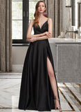 Reagan A-Line V-neck Floor-Length Satin Bridesmaid Dress With Ruffle Split Front UKP0012872